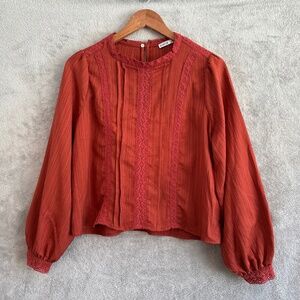 Rust Copper Women's Blouse Medium Devoted Pintuck Mock Neck Earthy Boho Prairie